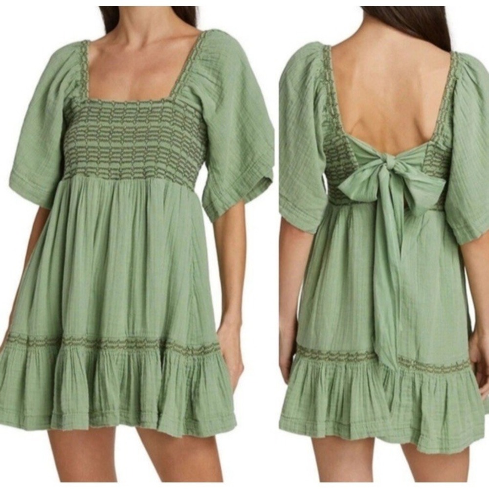 Free People‎ Easy To Love Bubble Mini Dress Size M Green Smocked Puff Sleeve